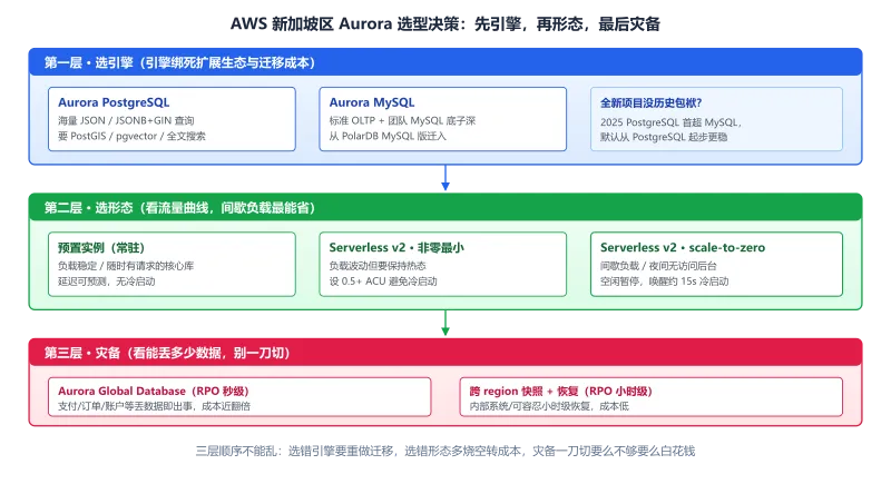 AWS 新加坡区 Aurora 三层选型决策：第一层选引擎 MySQL/PostgreSQL、第二层选形态预置实例/Serverless v2/scale-to-zero、第三层选灾备 Global Database/跨 region 快照